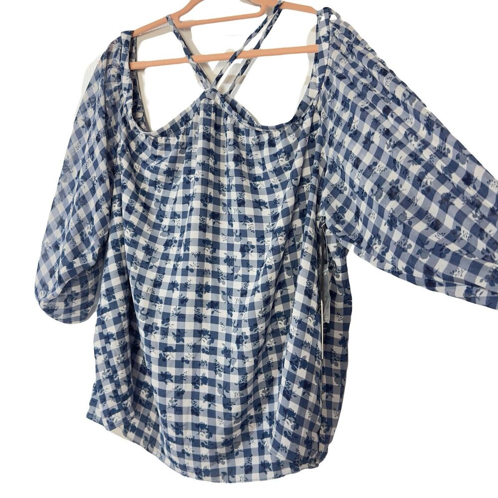 1.STATE Blue White Gingham + Floral Cold Shoulder Top 3/4 Sleeve Size 3X NWT